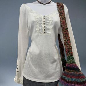 Umgee USA Mary Long Sleeve Lace Waffle Knit Top Off White Size Small Henley Cuff
